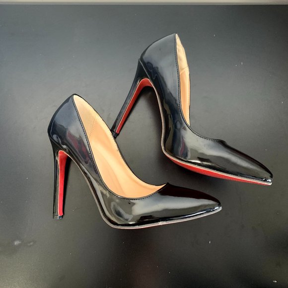 Shiny Black Red Bottom Stiletto Heels - Picture 2 of 10